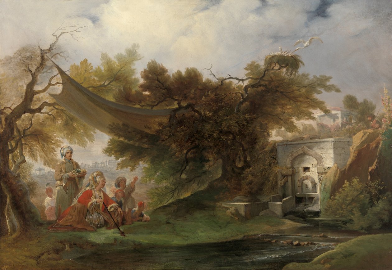 Paisagem indiana com figuras perto de um riacho (óleo sobre tela) de William Daniell