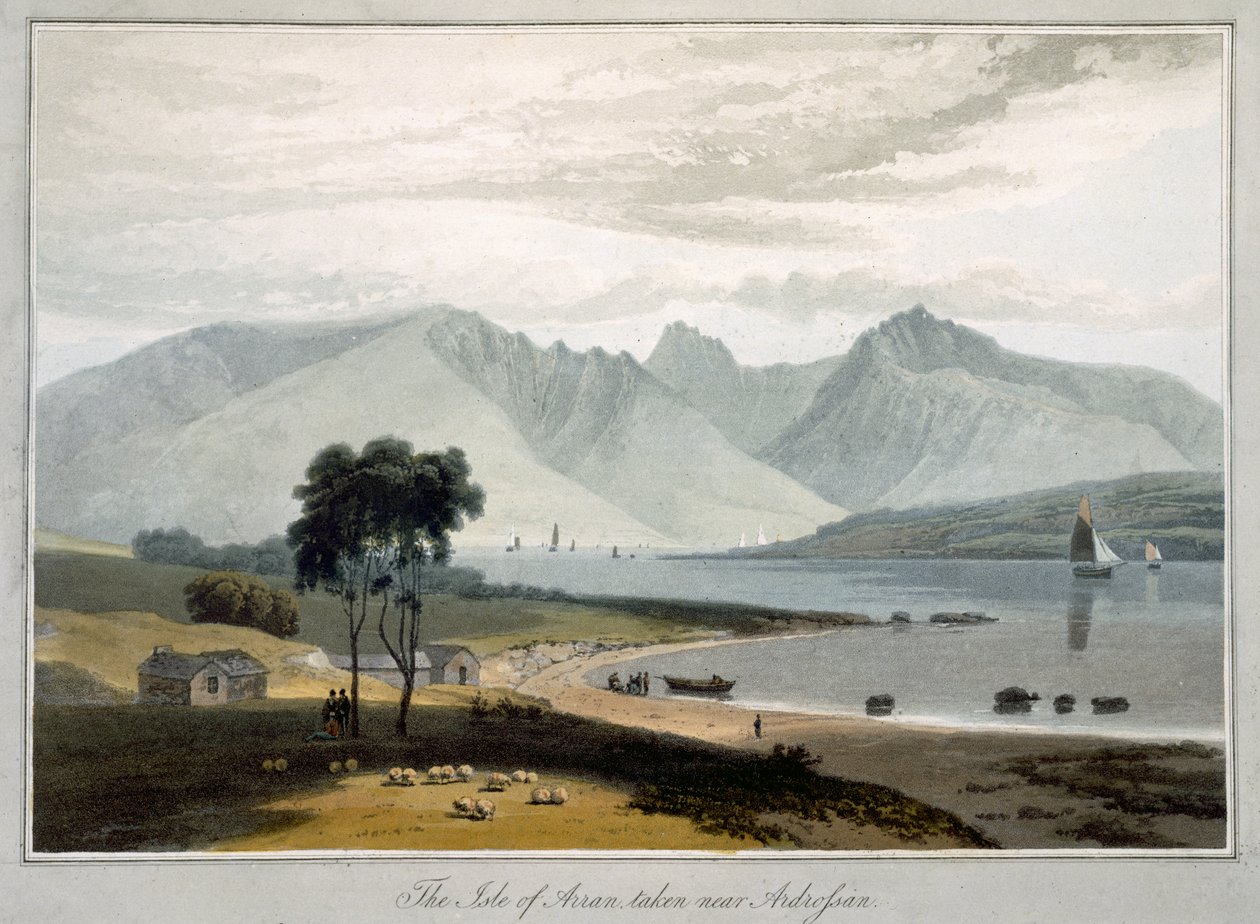 Ilha de Arran, vista de Ardrossan, de "Uma Viagem pela Grã-Bretanha Realizada entre os Anos de 1814 e 1825", publicada em Londres, 1817 (gravura colorida à mão) de William Daniell