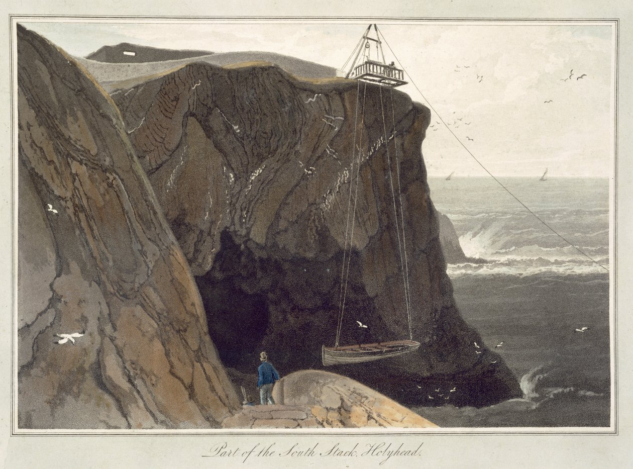 Deixando cair um barco da plataforma em Holyhead, de "Uma viagem pela Grã-Bretanha realizada entre os anos de 1814 e 1825", publicada em 1829 de William Daniell
