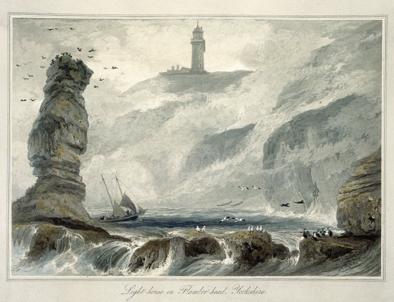 Farol em Flamborough Head, do volume VI de "Uma viagem pela Grã-Bretanha realizada entre os anos de 1814 e 1825", publicada em 1822 de William Daniell