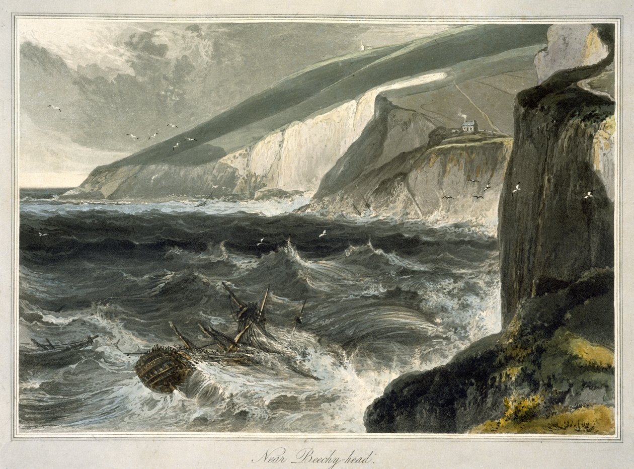 Perto de Beachy Head, de "Uma viagem pela Grã-Bretanha realizada entre os anos 1814 e 1825", publicada em 1823 (aquatint) de William Daniell
