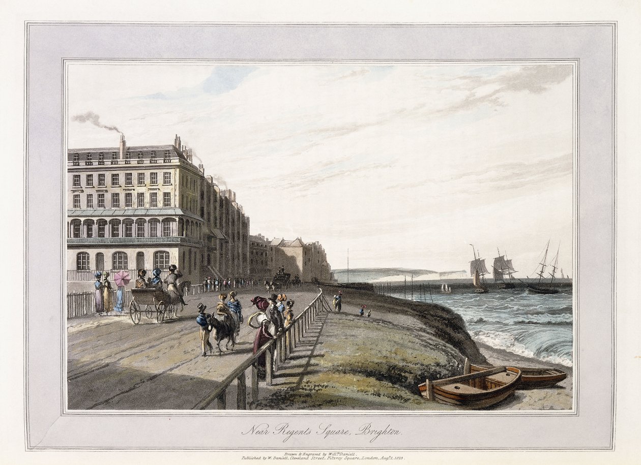 Perto de Regents Square, Brighton, c.1814-1825 (água-tinta colorida à mão, lavagem cinza) de William Daniell