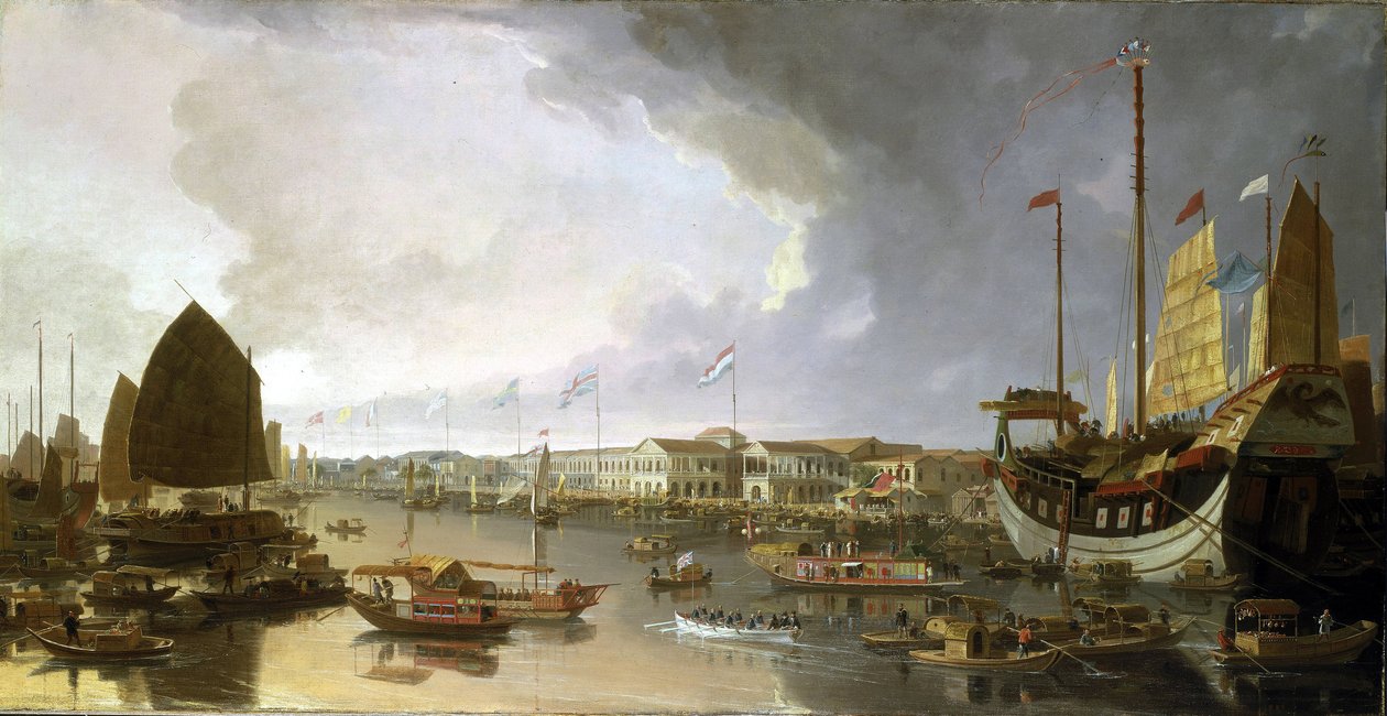 Panorâmica das fábricas europeias em Cantão (China), com descrições da navegação no rio Guangdong (ou rio das Pérolas) e uma grande variedade de barcos de William Daniell