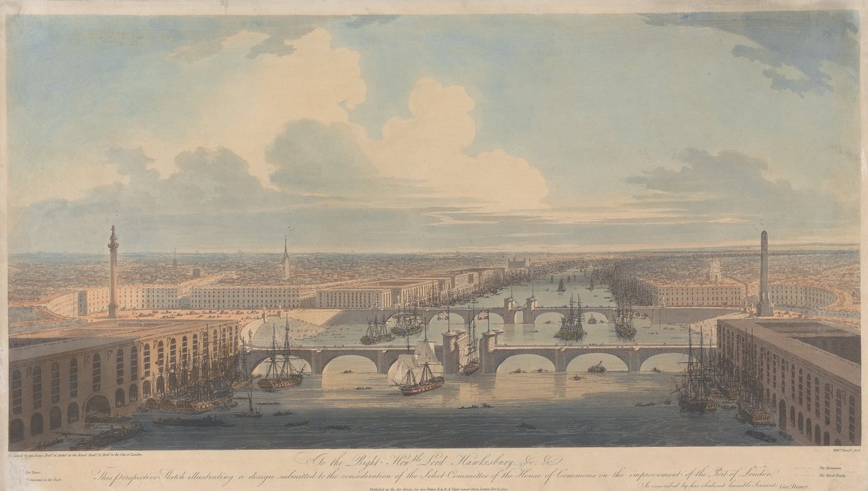 Esboço em perspetiva que ilustra um projecto para o melhoramento do porto de Londres de William Daniell