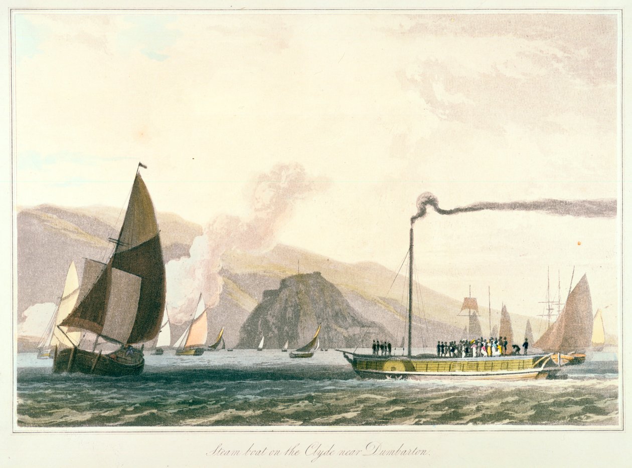 Barco a vapor no Clyde perto de Dumbarton, c1814 de William Daniell