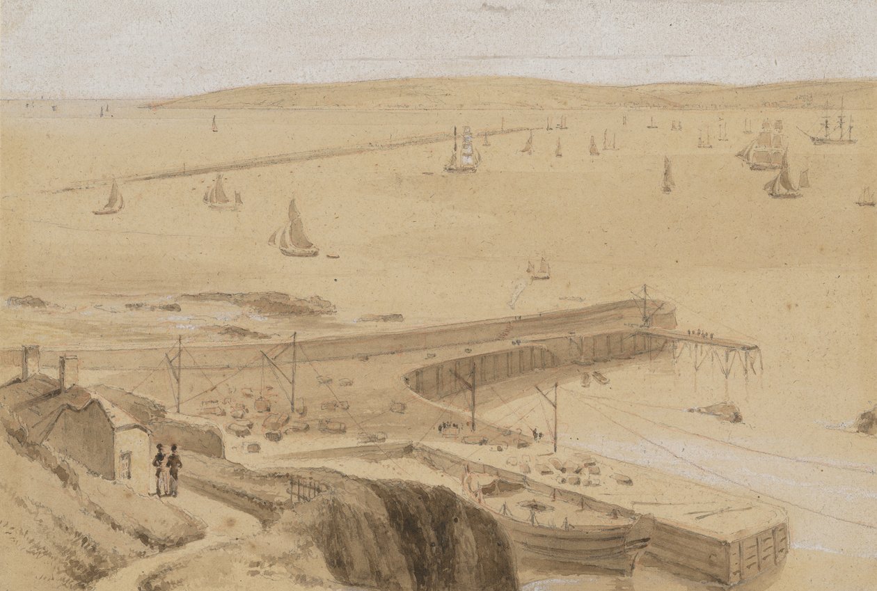 Esboço do cais em Straddon Point, perto de Plymouth de William Daniell