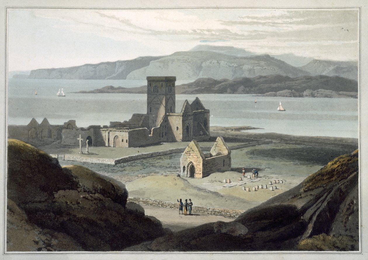 A catedral de Iona, de "Uma viagem pela Grã-Bretanha realizada entre os anos de 1814 e 1825", publicada em 1817 (aquatint) de William Daniell