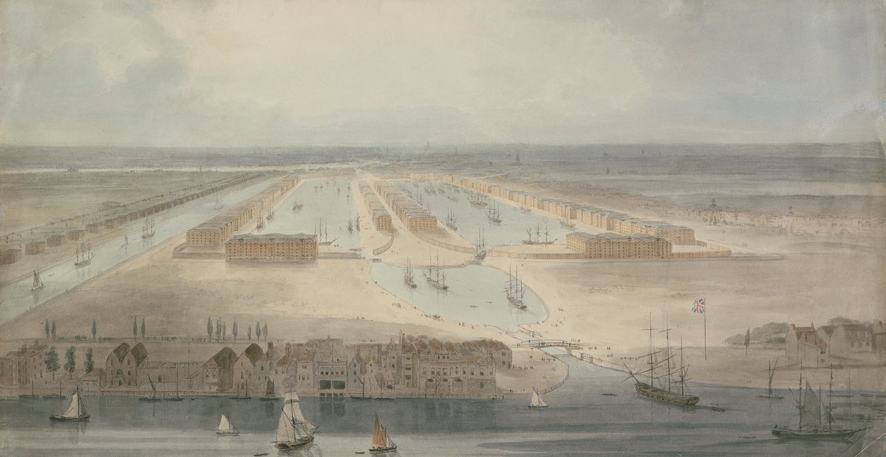 The New Docks, Isle of Dogs (lápis, tinta e lavagem sobre papel) de William Daniell