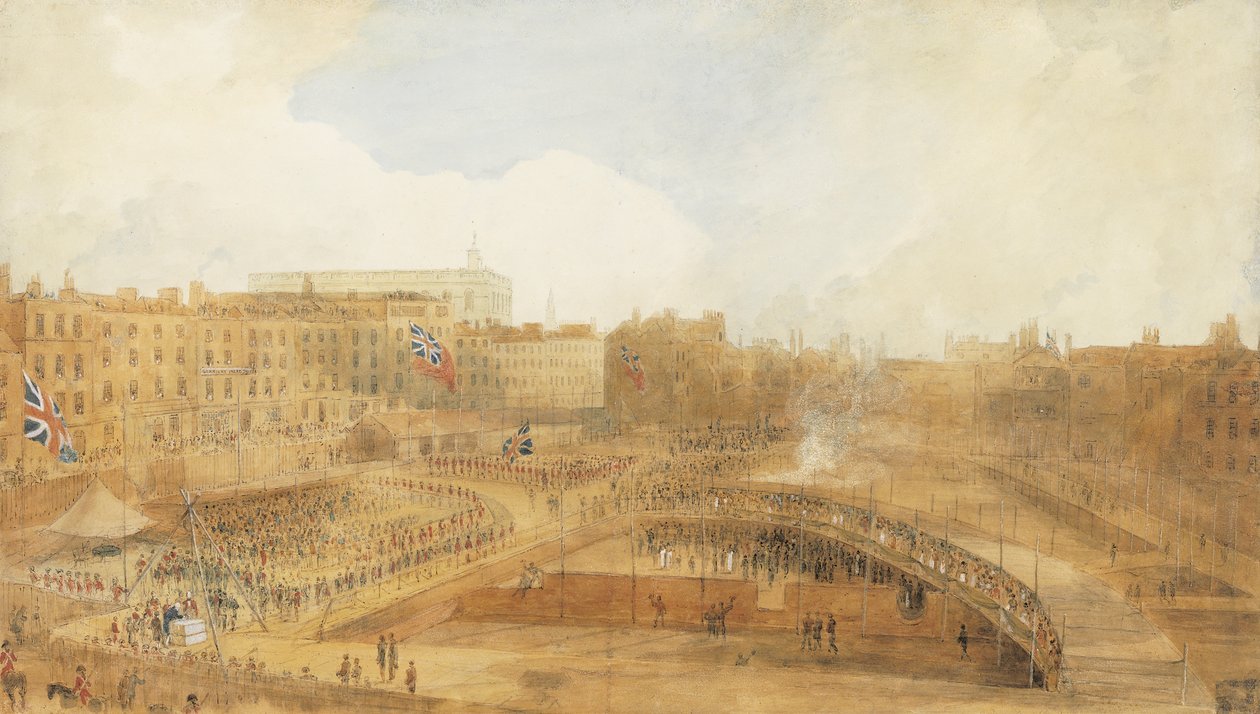 O Príncipe de Gales lançando a pedra fundamental do Theatre Royal, Covent Garden, 31 de dezembro de 1808 (lápis, caneta e tinta marrom e aquarela intensificados com toques de cor corporal e riscados) de William Daniell