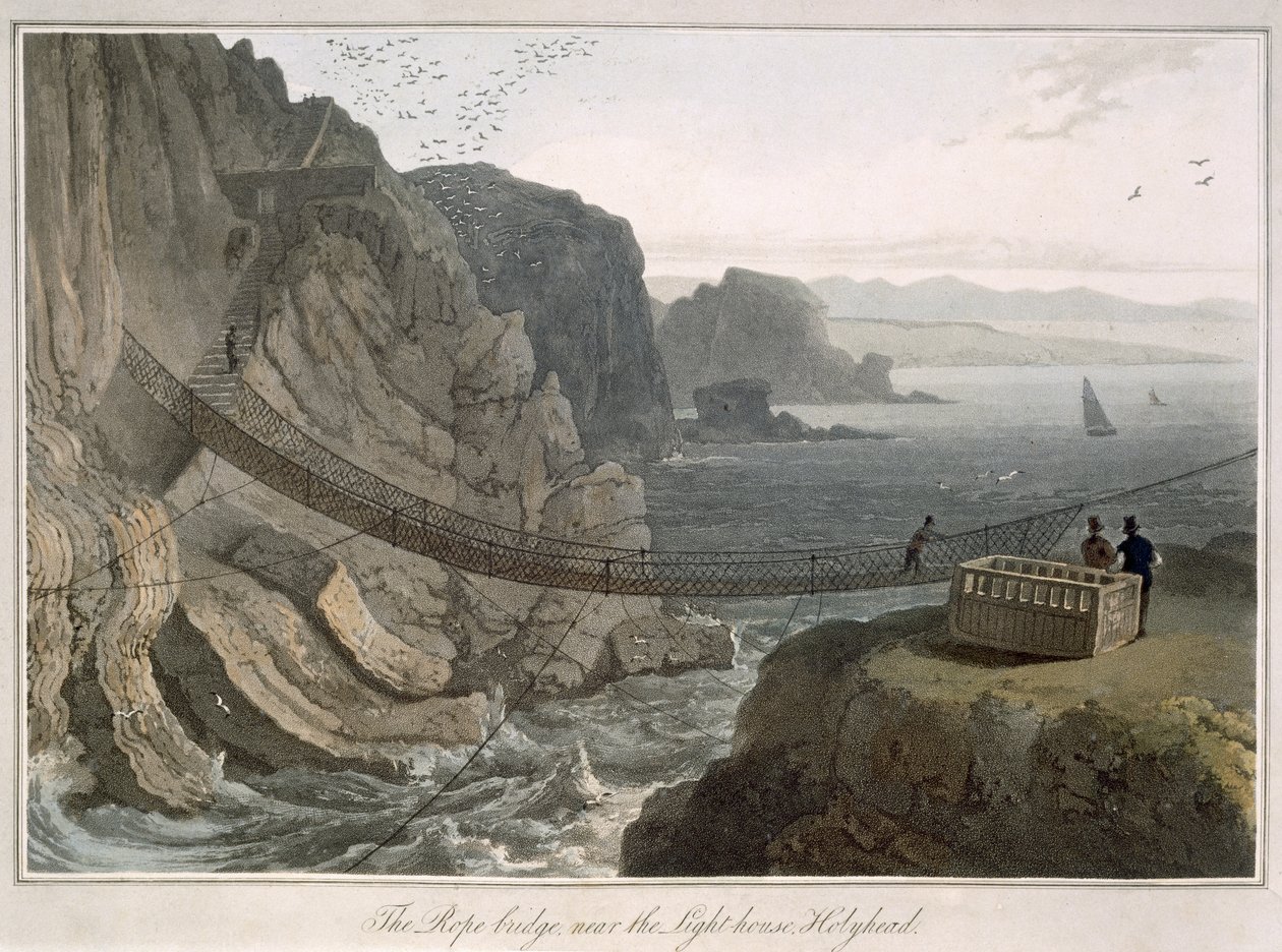 A ponte de corda perto do farol, Holyhead, de &39;Uma viagem ao redor da Grã-Bretanha, realizada entre os anos de 1814 e 1825&39;, publicada em 1829 de William Daniell