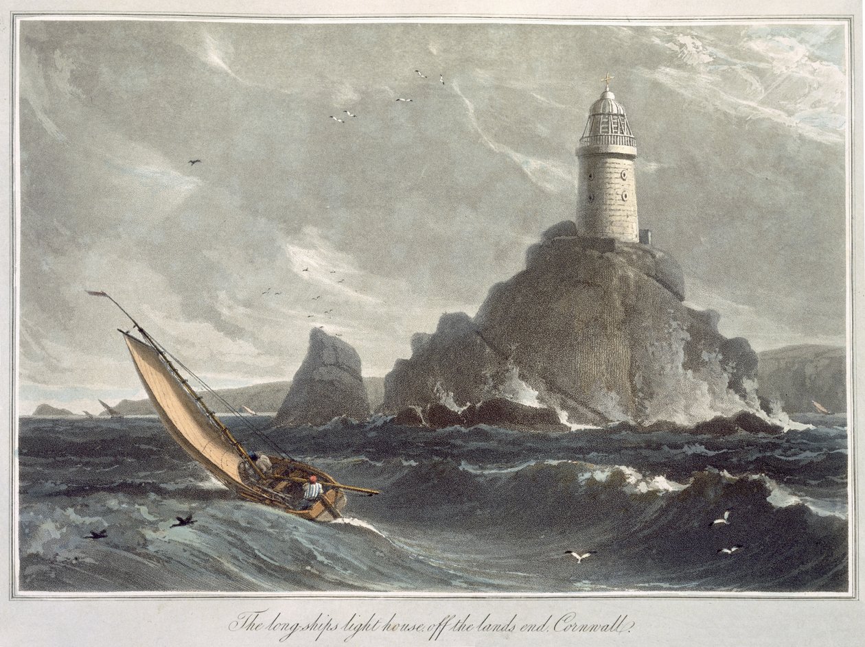 O Farol Longships de Lands End, na Cornualha, do Volume I de "Uma Viagem pela Grã-Bretanha Realizada entre os Anos 1814 e 1825", publicado em 1814 (aquatint) de William Daniell