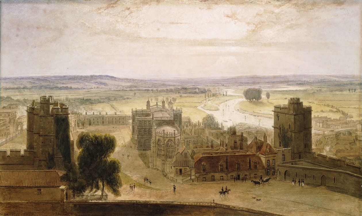 Vista da torre redonda, Castelo de Windsor, 1827 de William Daniell