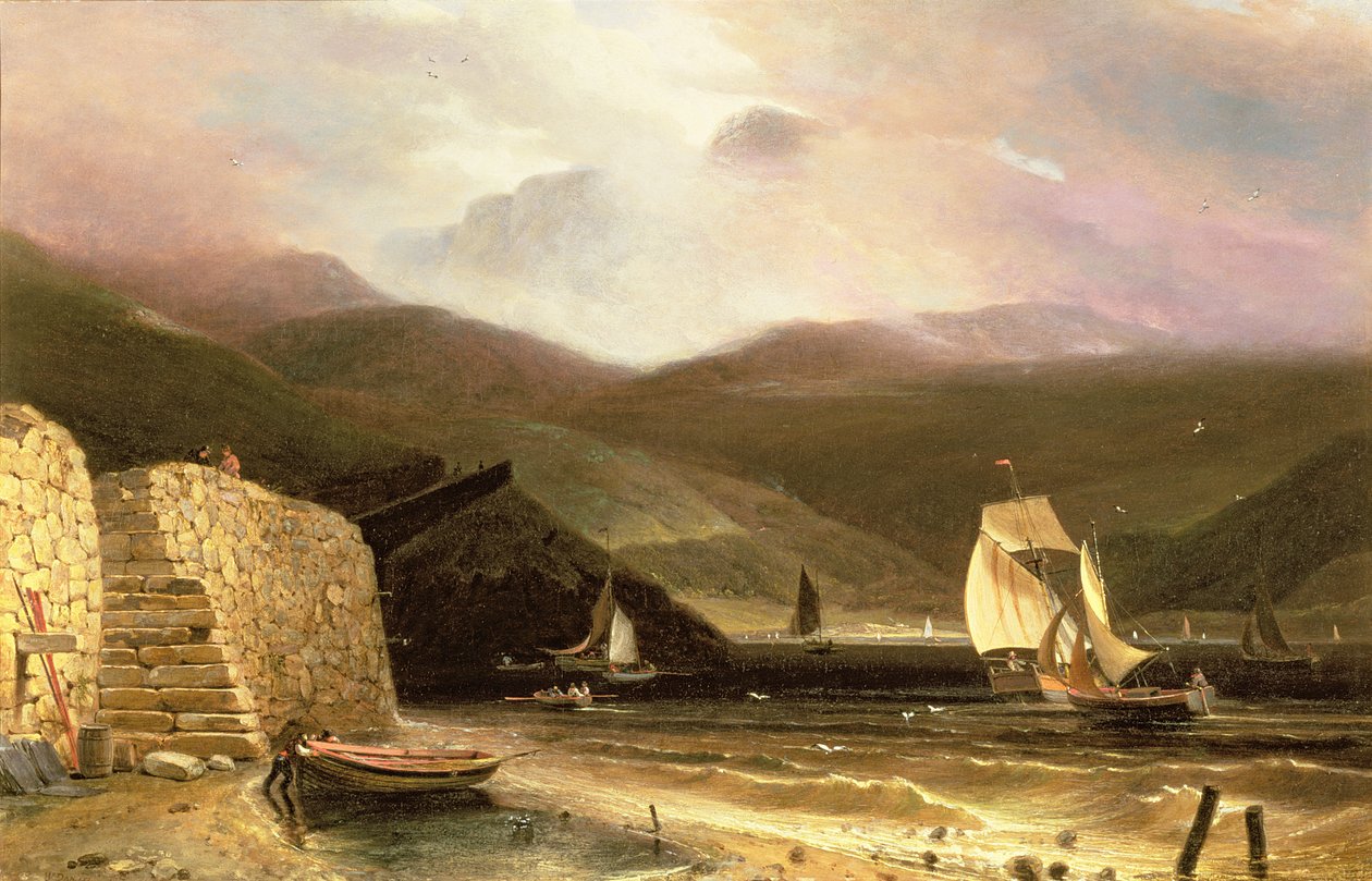 Vista de Arran, com embarcações à vela em uma tempestade, 1814 de William Daniell
