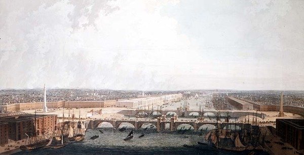 Vista de Londres com as melhorias do seu porto e a ponte dupla de Londres. Submetido ao Select Committee of the House of Commons por William Daniel (aquatint) de William Daniell