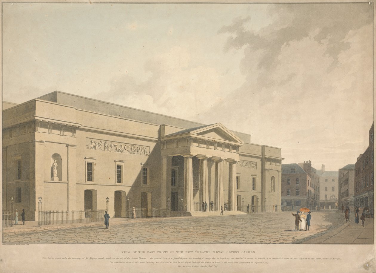 Vista da fachada oriental do novo Theatre Royal Covent Garden de William Daniell