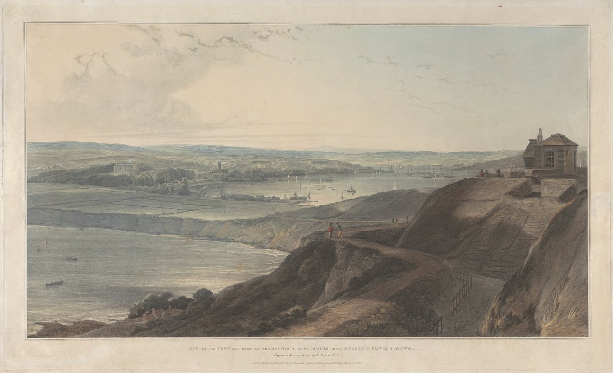 Vista da cidade e parte do porto de Falmouth de Pendennis Castel, Cornualha de William Daniell