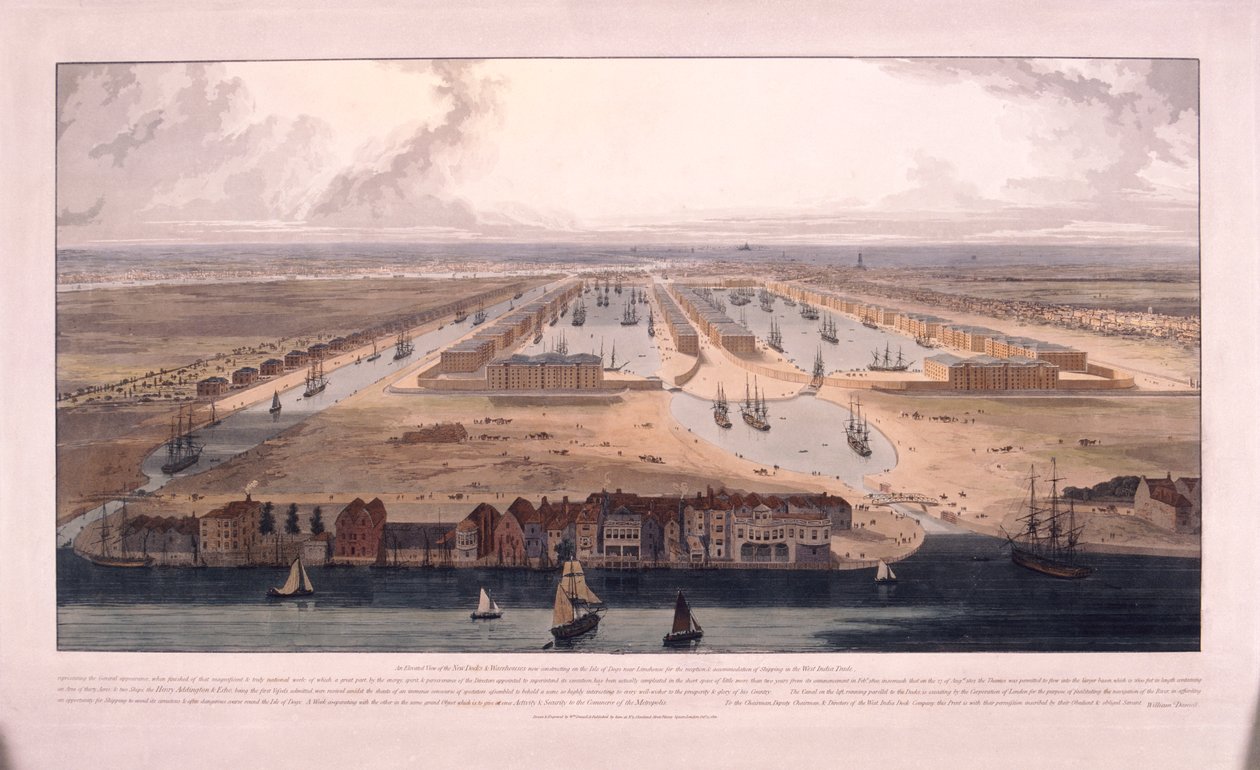 Docas das Índias Ocidentais, Poplar, Londres, 1802 de William Daniell