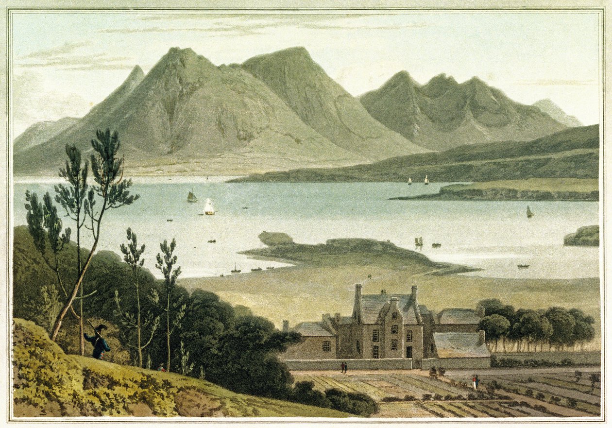 Vista ocidental da ilha de Raasay (Escócia), com descrição de um grande edifício e dos jardins adjacentes. Gravura a cores de William Daniell (1769-1837) de William Daniell