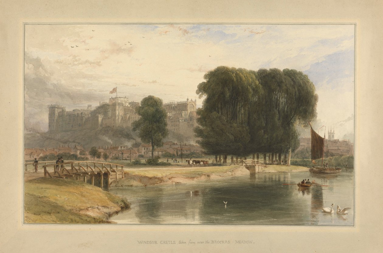 Castelo de Windsor, perto de Brocas Meadows, 1827 (wc e caneta e tinta sobre papel colocado no monte) de William Daniell