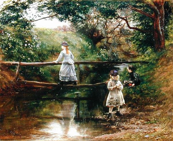 Sobre o Tyne perto de Ormiston - Crianças Recolhendo Flores Silvestres (óleo sobre tela) de William Darling McKay