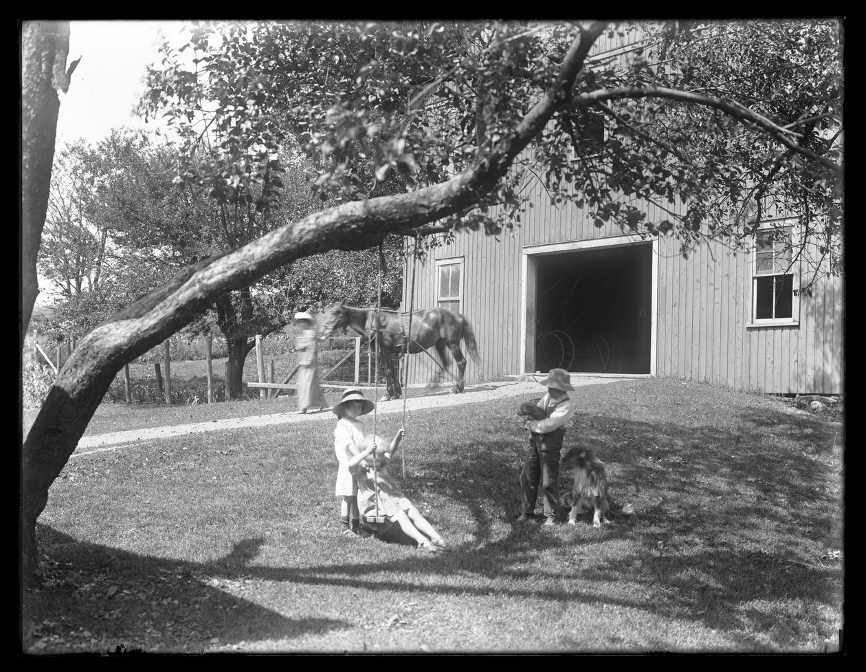 Filhos da família McCready com um cachorro e um cachorrinho reunidos em volta de um balanço de corda fora de um celeiro, c.1913 de William Davis Hassler