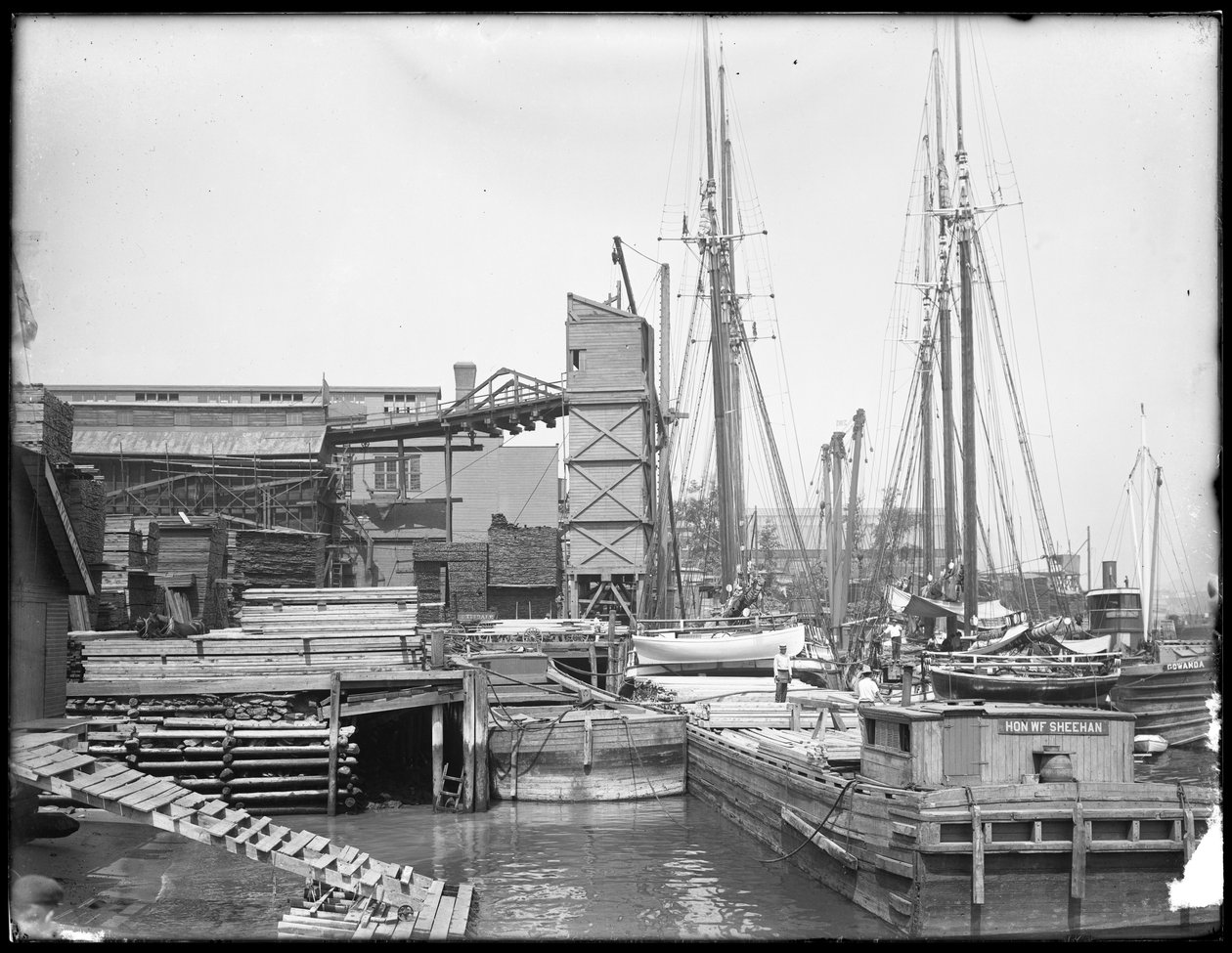 Docas, e, barcos, ligado, waterfront não identificado, possivelmente, rio harlem, inwood, nova iorque, c.1910 de William Davis Hassler