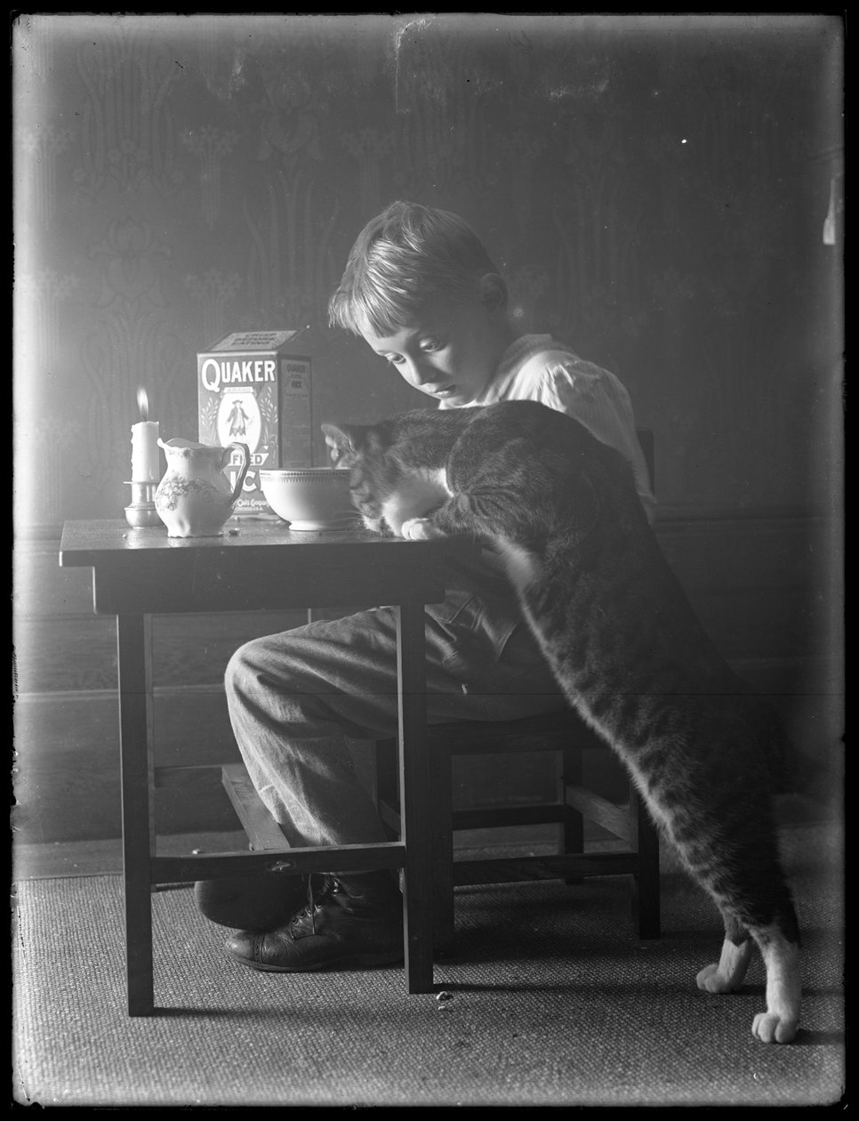 William Gray Hassler e Reddy o gato, comendo cereal de arroz inchado Quaker, c.1912 de William Davis Hassler