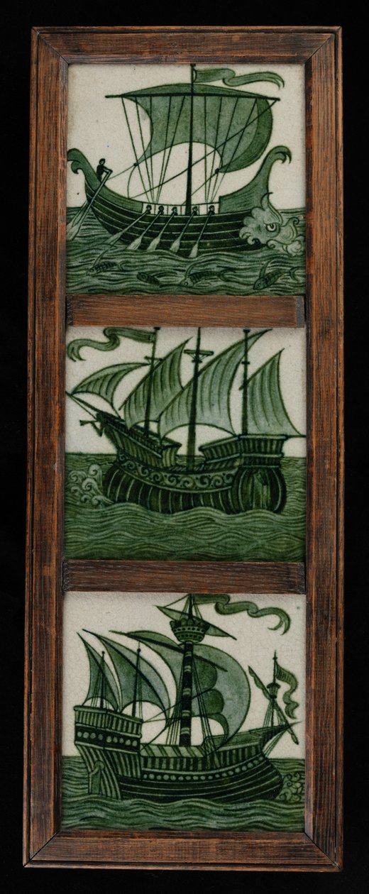 Painel de azulejos de navios em vela cheia, em moldura, c.1865-80 (cerâmica) de William de Morgan