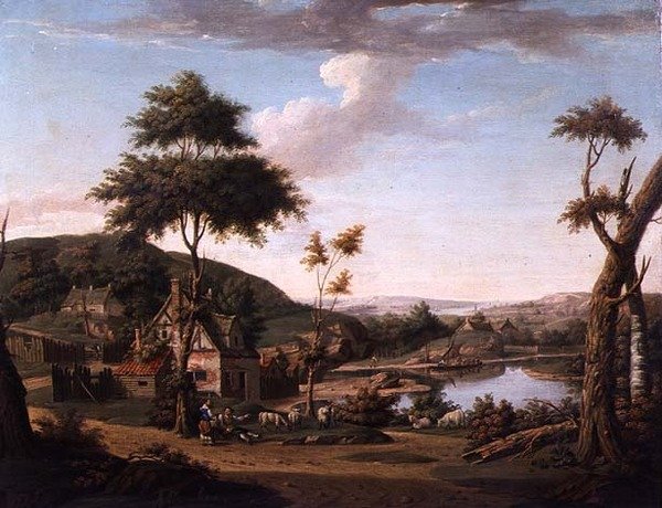 Paisagem fluvial com figuras fora de uma casa de campo de William Deas
