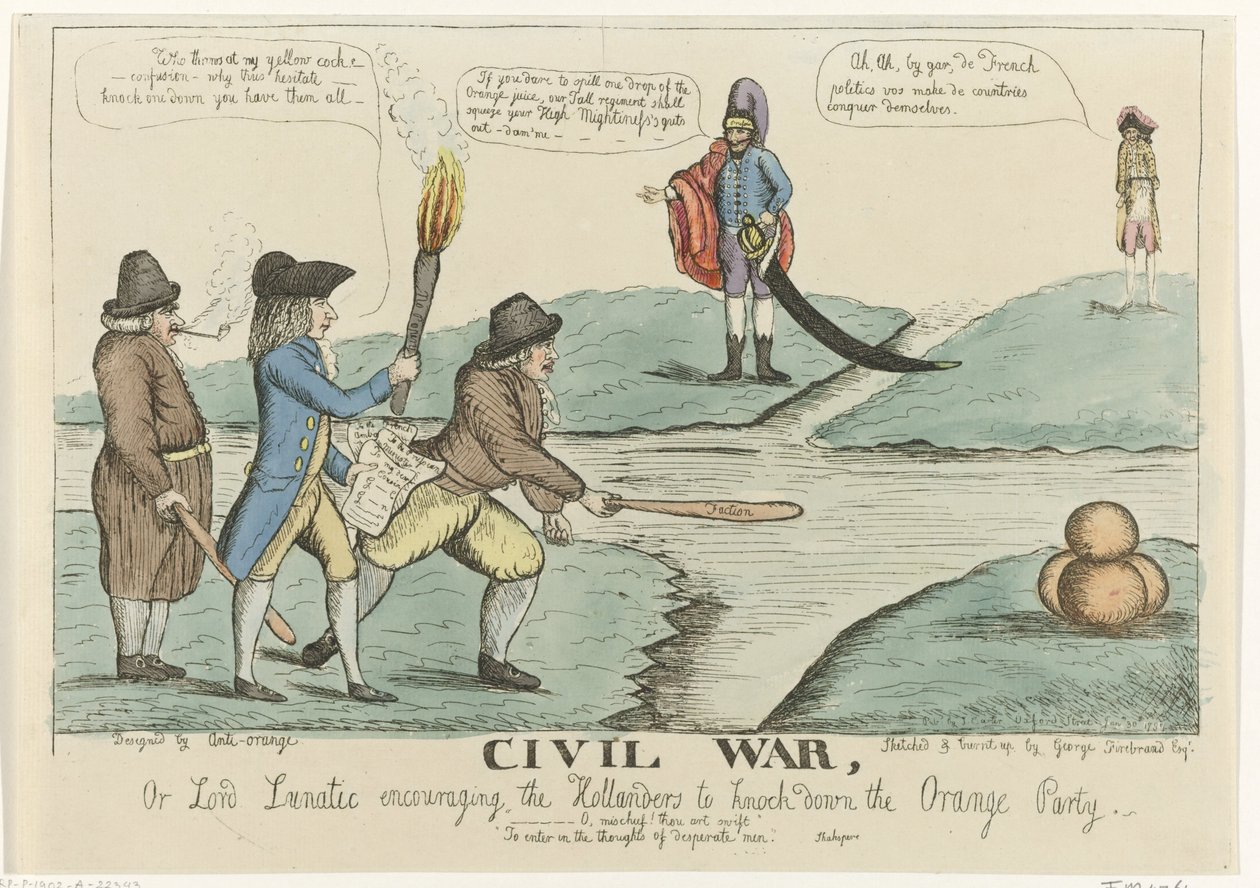 Engelse spotprent op de Nederlandse burgertwisten, 1787
Guerra civil, ou Lord Lunatic encorajando os Holandeses a derrubar o Partido Laranja (título sobre o objecto) de William Dent
