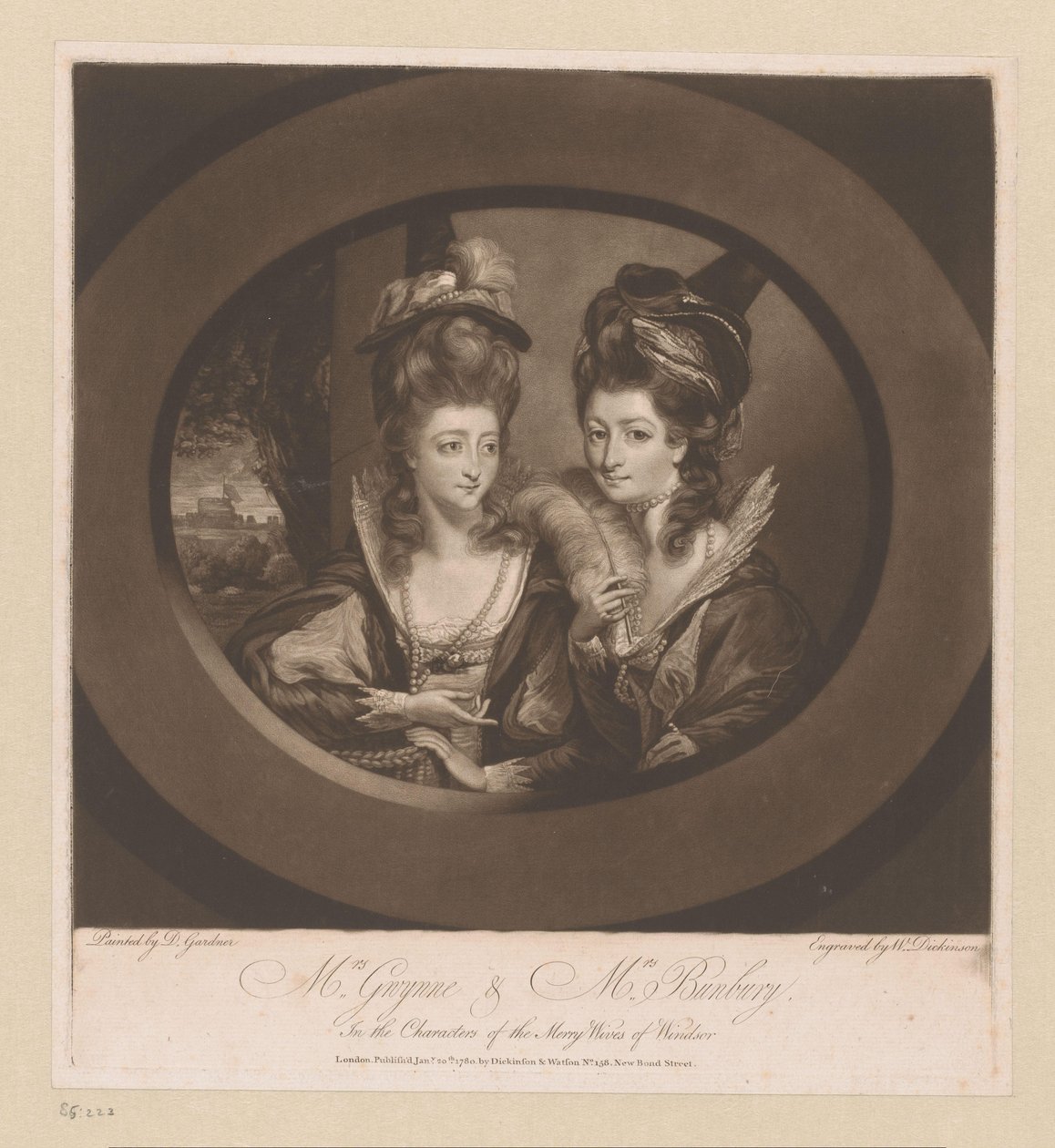 Portret van Mary Gwyn en Catherine Bunbury
Mrs. Gwynne e Mrs. Bunbury, / nas personagens de Merry Wives of Windsor (título sobre o objecto) de William Dickinson