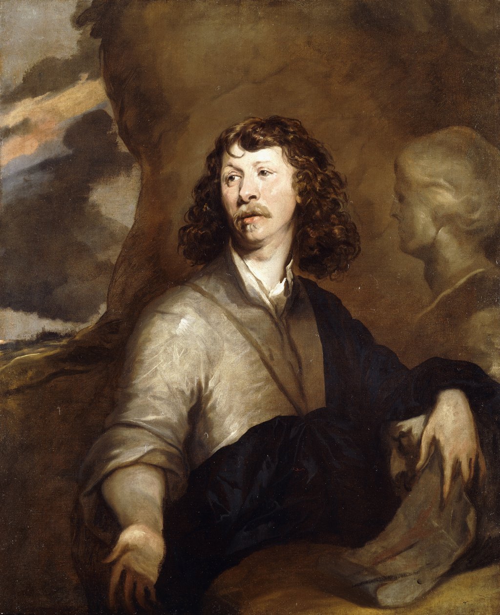 Retrato de um cavalheiro, possivelmente o artista, com metade do comprimento, em uma capa marrom e envoltório azul, ao lado de um busto de mármore, em uma paisagem rochosa, de William Dobson