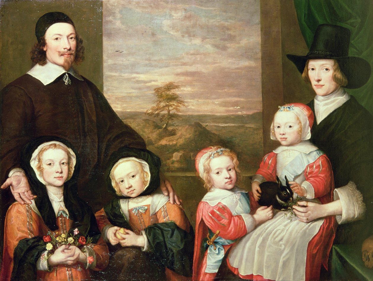 Retrato de família não identificado, tradicionalmente pensado como sendo o de Sir Thomas Browne, em meados dos anos 1640 (óleo sobre tela) de William Dobson