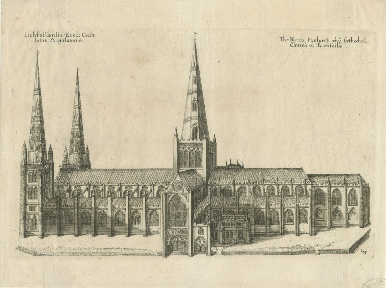 Catedral de Lichfield - Vista sul: gravura em chapa de cobre, nd [ Meados do século XVII] de William Dugdale