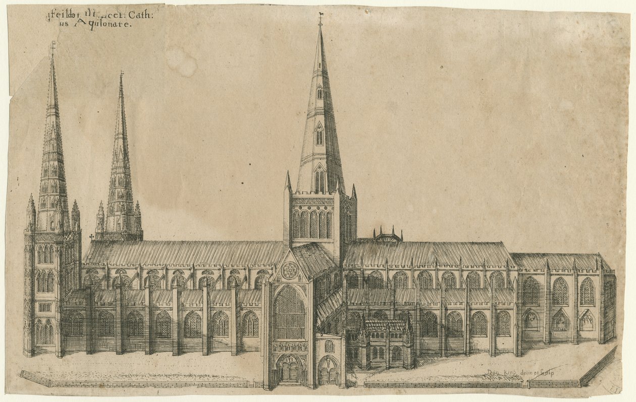 Catedral de Lichfield - Vista Sul: gravura em placa de cobre, sd [ Meados do século 17] de William Dugdale