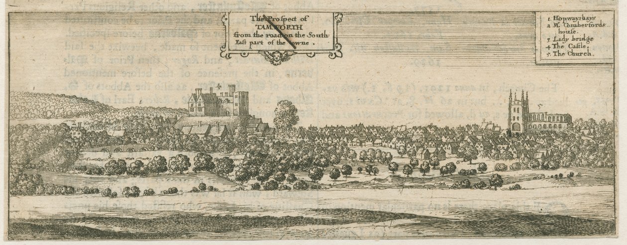 Tamworth - Panorama: gravura, séc. de William Dugdale
