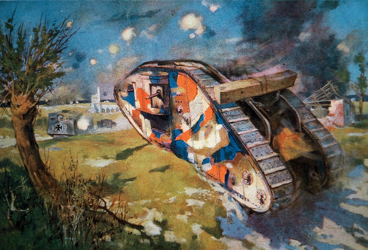 Tanque Mk IV britânico camuflado em ação contra um tanque alemão na 1ª Guerra Mundial, ilustração publicada em 