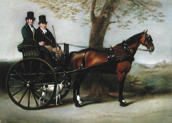 Dois cavalheiros num Gig desenhado por um Bay Cob a caminho de disparar com o seu Pointer de William Edward Frost