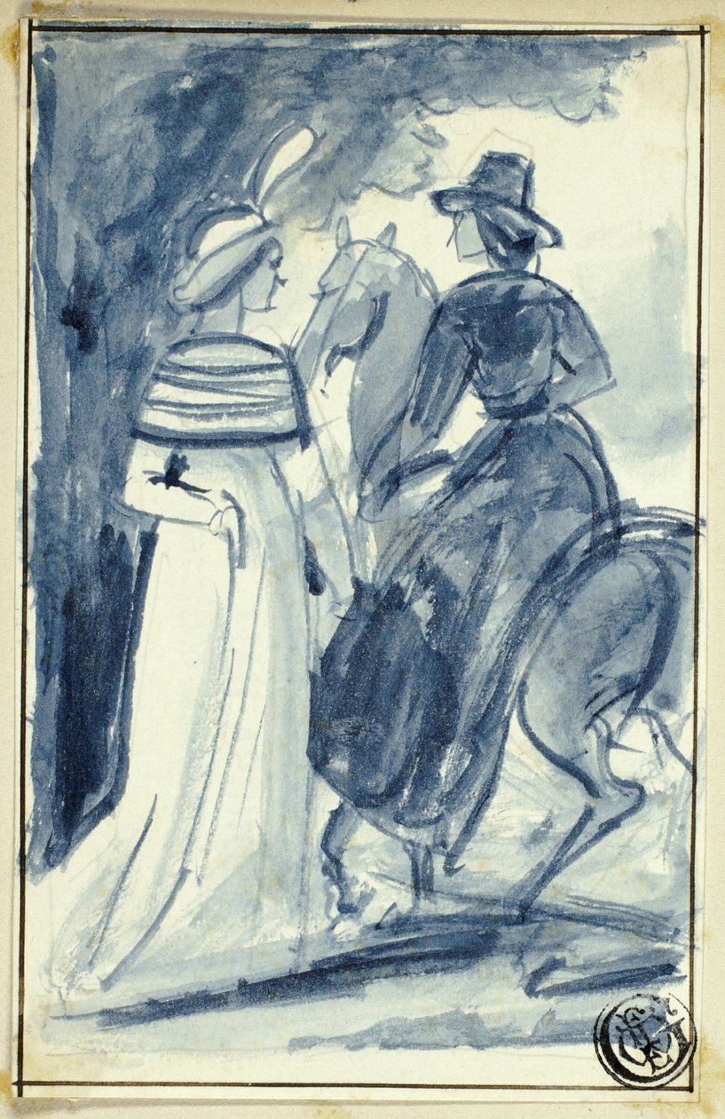 Duas mulheres (uma a cavalo) em vestido do final do século 18 de William Edward Frost