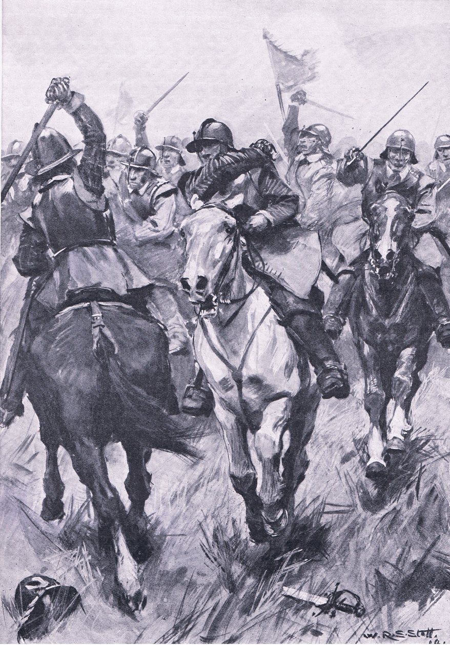 O conflito de cavalaria em Dunbar em 3 de setembro de 1650, ilustração das batalhas britânicas em terra e mar, 1915 de William Edward Stott