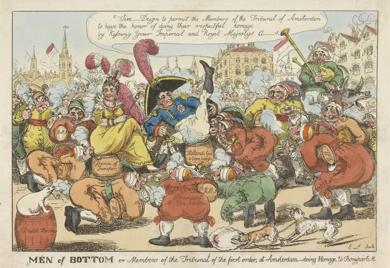 Holandeses querem beijar o traseiro de Napoleão, 1811 Men of Bottom ou Membros do Tribunal de primeira ordem, em Amsterdã, - em homenagem a Bonyparte (título no objeto) de William Elmes