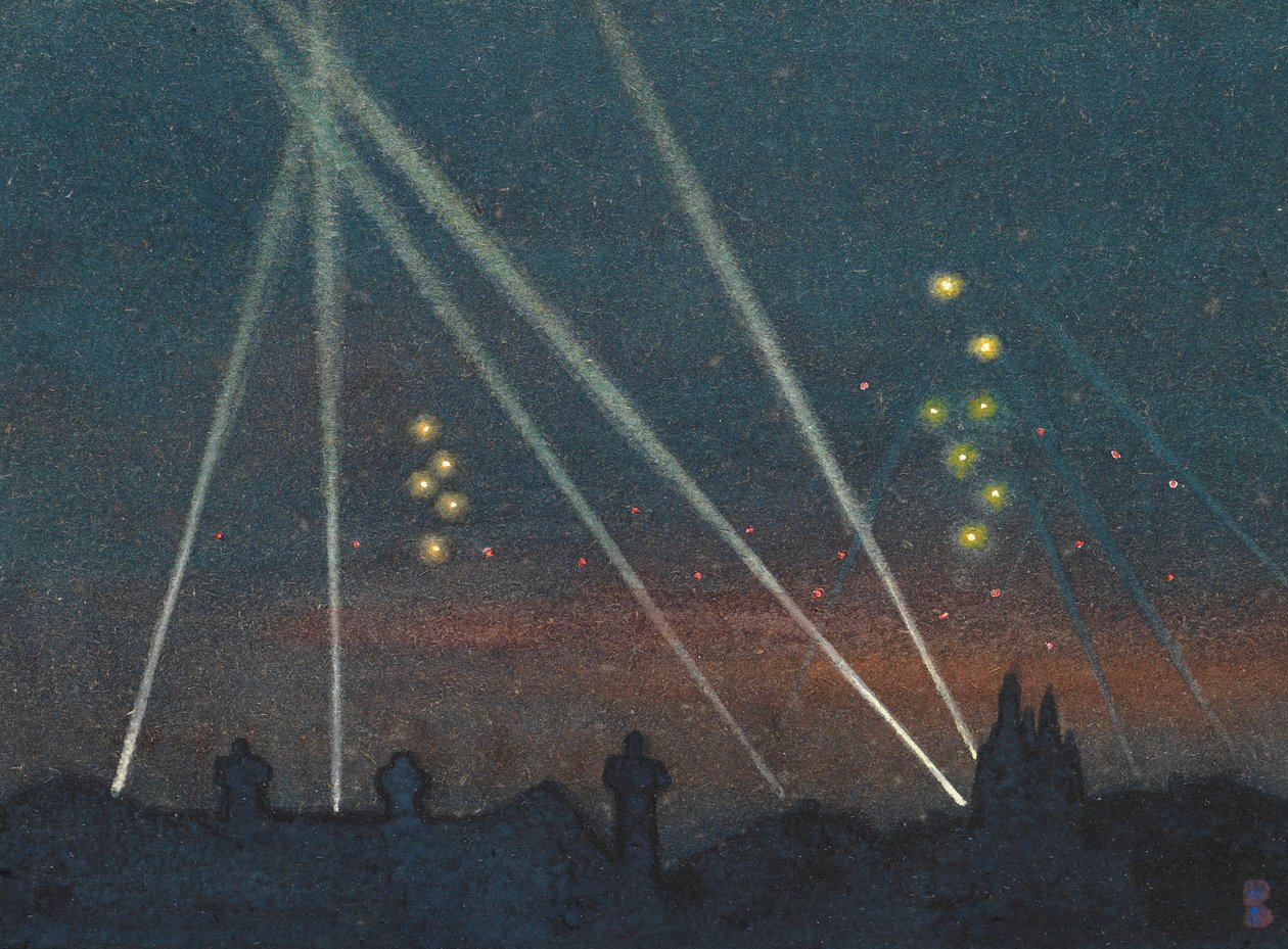 Holofotes durante um bombardeio (aquarela sobre papel) de William Ernest Buchanan