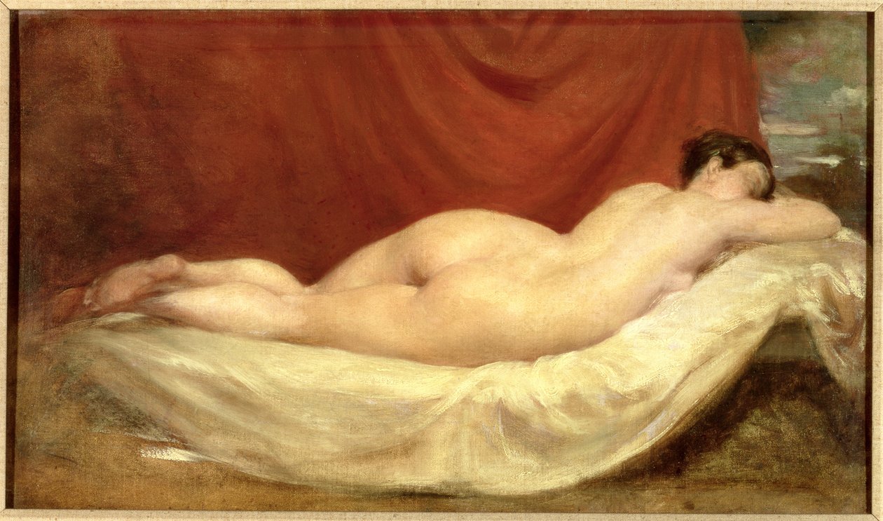 Nu, deitada em um sofá contra uma cortina vermelha de William Etty