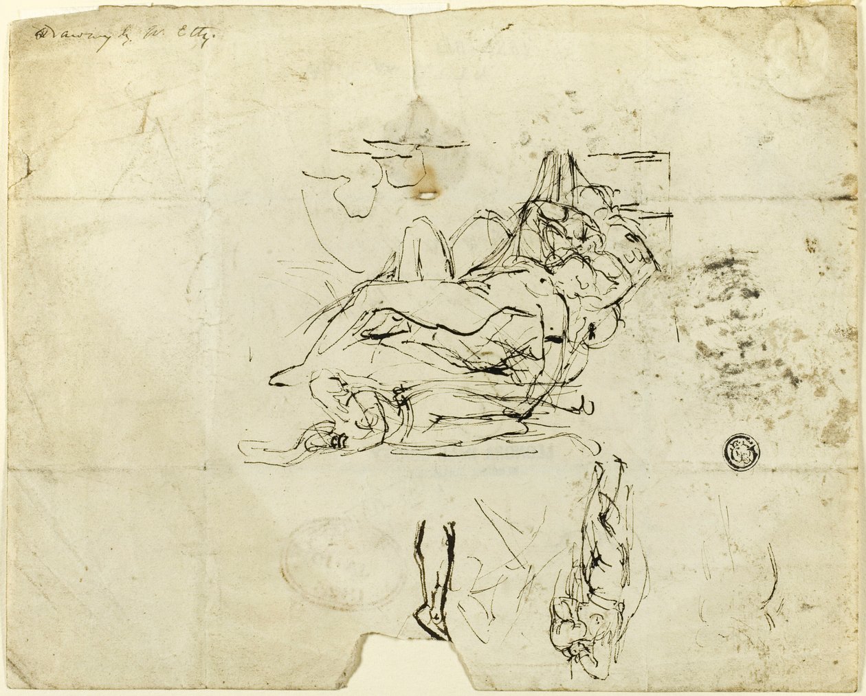 Esboços de nu feminino reclinado e casal amoroso de William Etty