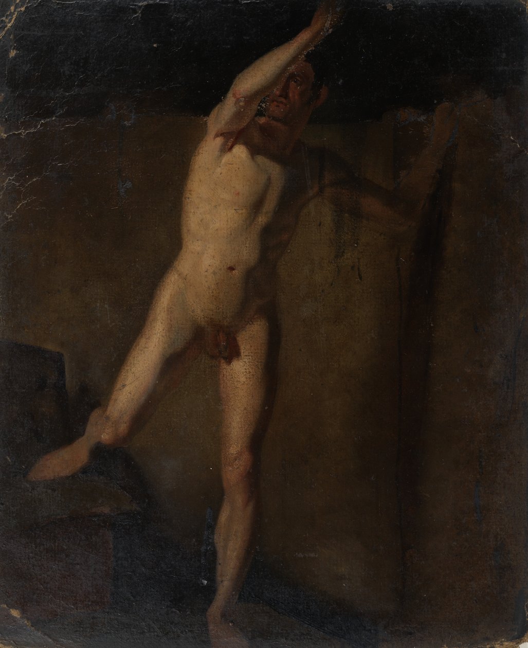 Nu masculino em pé, braço direito levantado, pé direito apoiado em blocos de William Etty
