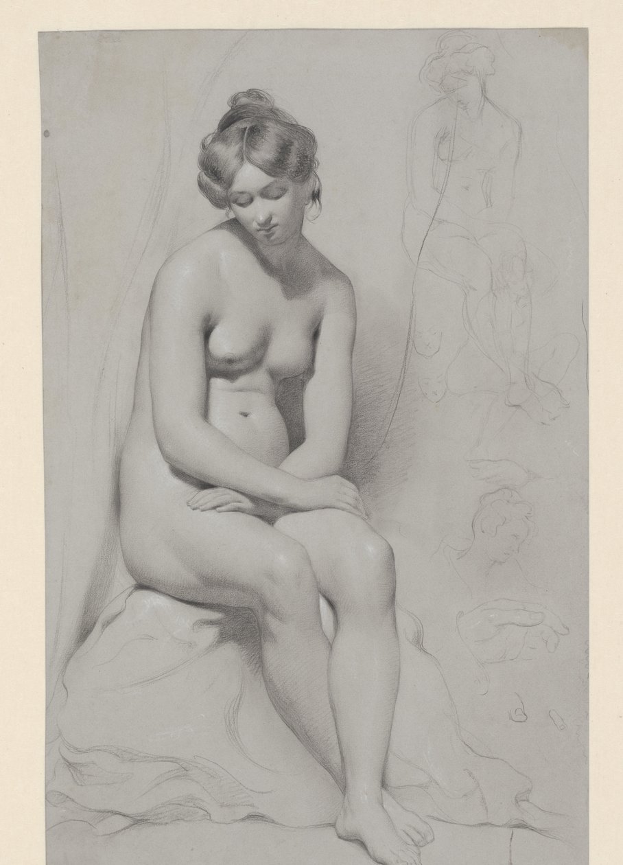 Modelo feminino nu sentado com corte de cabelo alto, esboçado novamente ao lado dele de William Etty