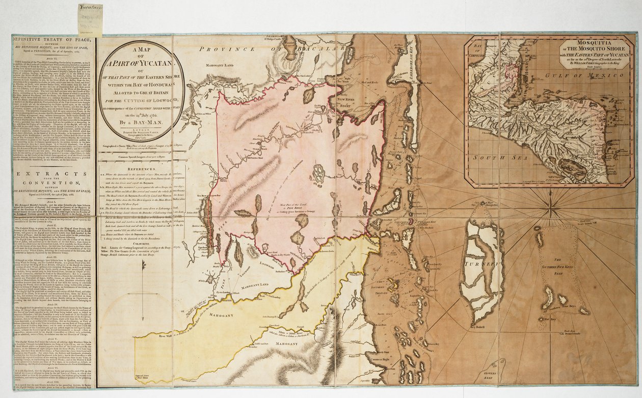 Mapa de uma parte de Yucatan ou da parte da costa oriental dentro da Baía das Honduras atribuída [sic] à Grã-Bretanha para o corte de madeira em toro, em consequência da convenção assinada com Espanha em 14 de julho de 1786. Por um homem da baía. de William Faden