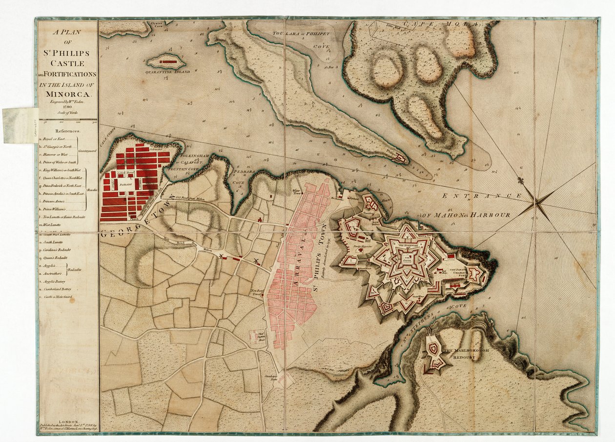 Planta do castelo e das fortificações de St. Philips na ilha de Minorca de William Faden