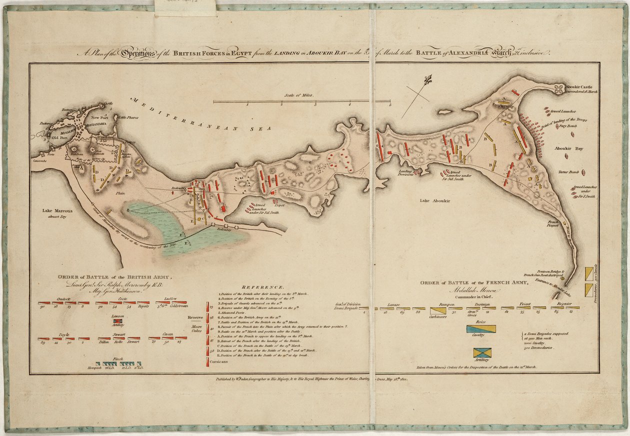 Plano das operações das forças britânicas no Egito, desde o desembarque na baía de Aboukir, a 8 de março, até à batalha de Alexandria, a 21 de março inclusive. de William Faden