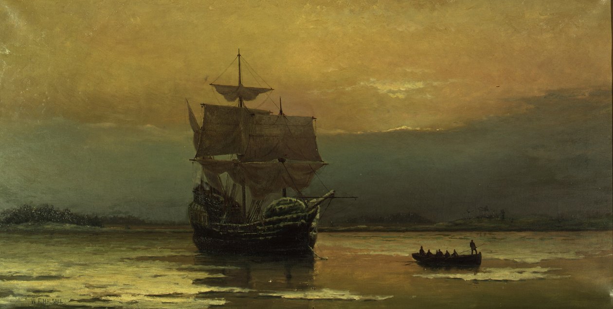 O Mayflower em sua chegada ao porto de Plymouth, 1882. de William Formby Halsall